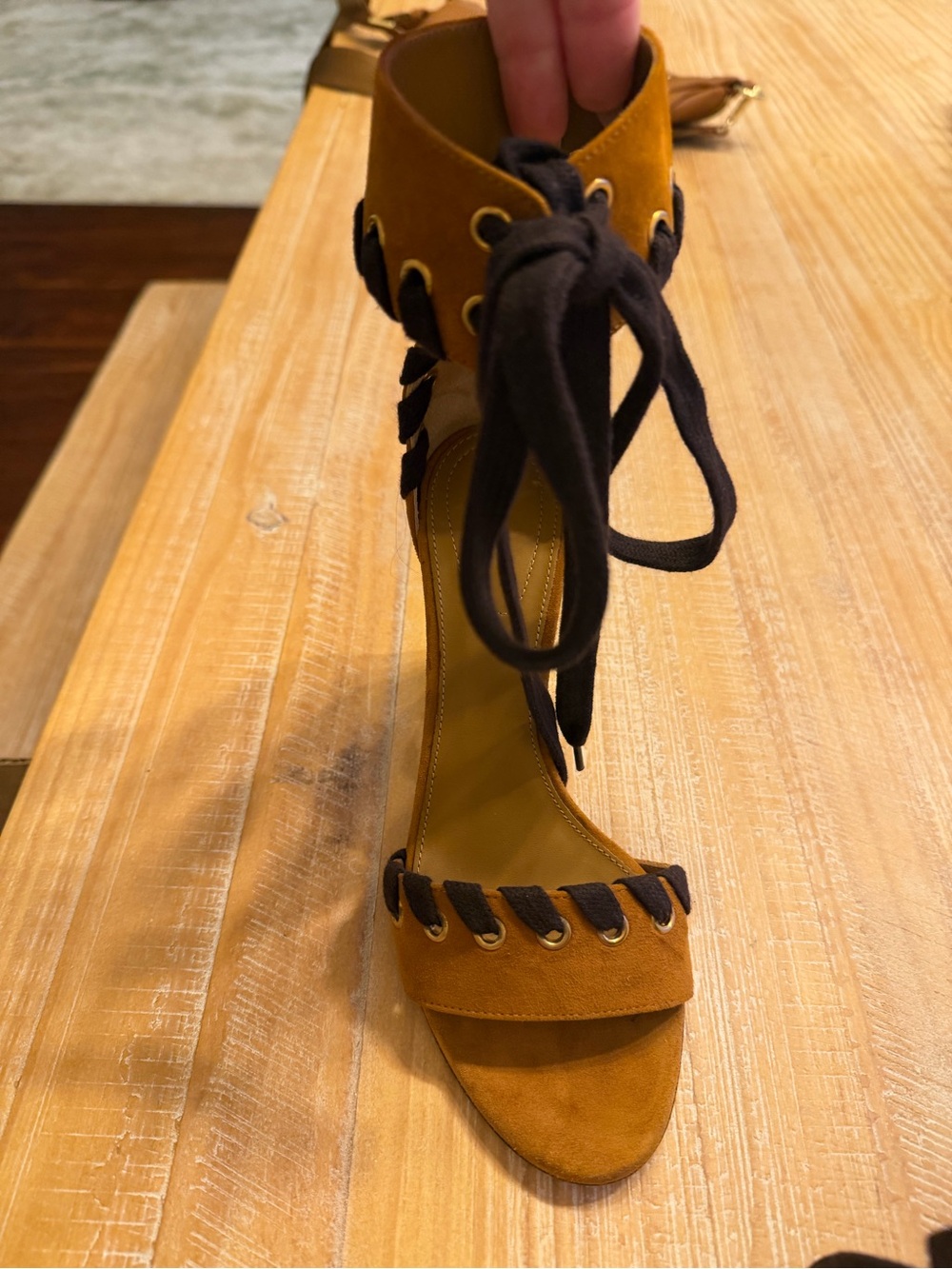 Chloé Miles Ochre Suede Lace Up Sandals Black Tie Block Heels EU 36
